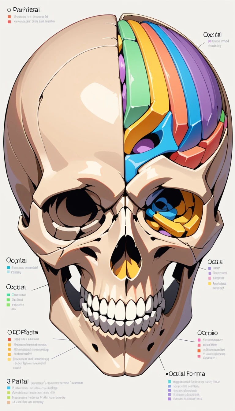 “Color‑coded skull cutaway showing cranial vault bones and labeled foramina.”