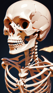 : “3D model of human skull anatomy showing neurocranium and facial bones.”