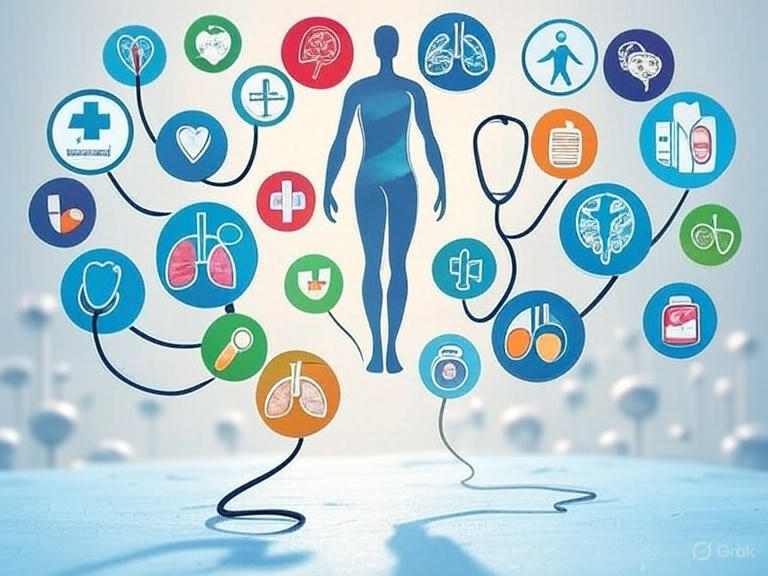 alt="A-Z medical conditions comprehensive guide infographic showing human body with healthcare icons representing different diseases and health conditions"