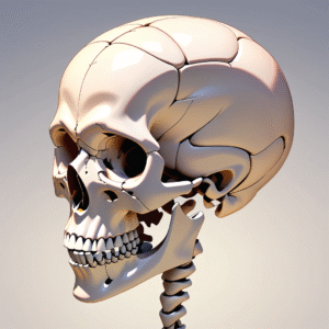 3D labeled human skull showing cranial bones and foramina."