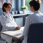 "Breast reduction surgery consultation with board-certified plastic surgeon in medical office"