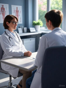 "Breast reduction surgery consultation with board-certified plastic surgeon in medical office"