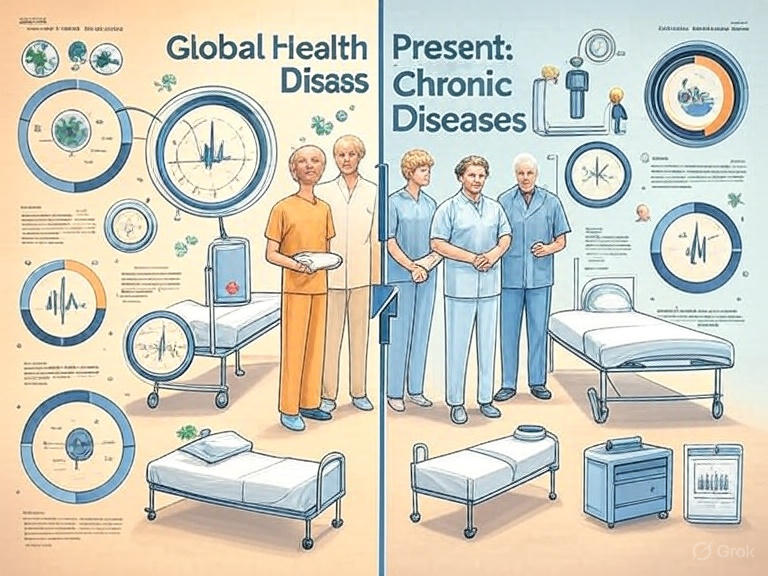 Split-screen illustration depicting the epidemiological transition from historical infectious disease challenges on the left to modern non-communicable chronic disease burden on the right, connected by a transitional arrow