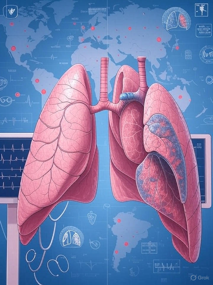 "Global health mortality infographic showing healthy versus diseased lungs and heart conditions, highlighting lower respiratory tract infections and ischemic heart disease as leading causes of death worldwide with statistical data overlay"