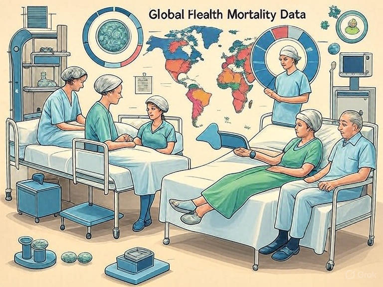 Split-screen illustration depicting the epidemiological transition from historical infectious disease challenges on the left to modern non-communicable chronic disease burden on the right, connected by a transitional arrow