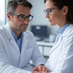 : "Plastic surgeon consulting with patient about breast reduction surgery in medical office"