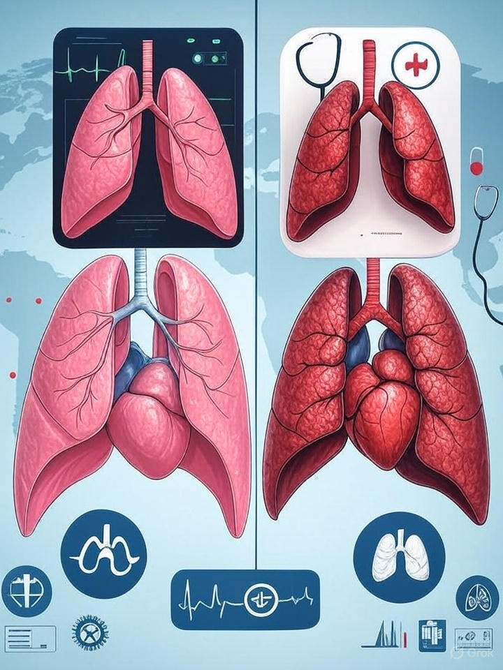 "Global health mortality infographic showing healthy versus diseased lungs and heart conditions, highlighting lower respiratory tract infections and ischemic heart disease as leading causes of death worldwide with statistical data overlay"