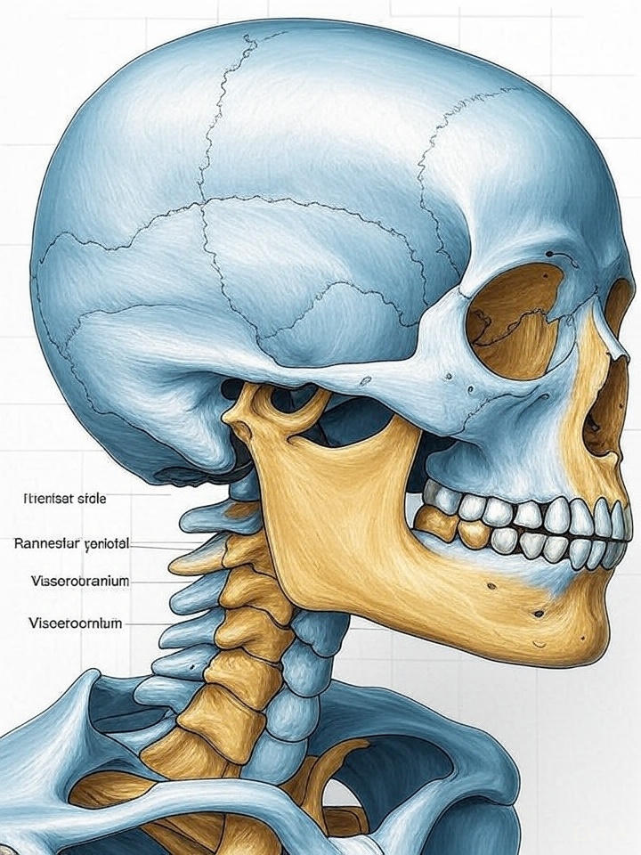 "Detailed anatomical illustration of human skull showing neurocranium and viscerocranium divisions with labeled cranial bones including frontal, parietal, temporal, maxilla and mandible"