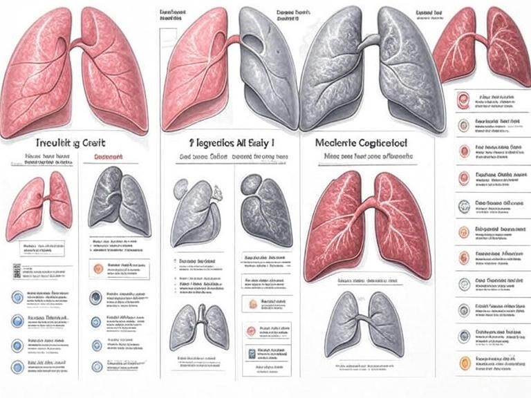 "Smoking-related lung disease progression chart showing stages from healthy lungs to severe COPD with mortality statistics and prevention strategies for tobacco-induced respiratory conditions"